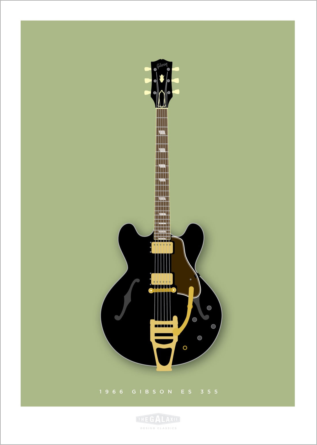 An original hand drawn poster of a black 1966 Gibson ES 355 on a green background.