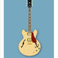 An original hand drawn poster of a natural 1966 Gibson ES 355 on a blue background.