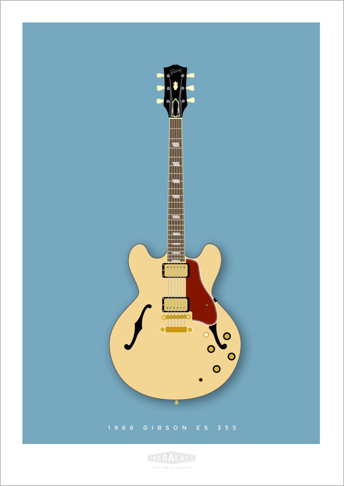 An original hand drawn poster of a natural 1966 Gibson ES 355 on a blue background.