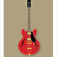 An original hand drawn poster of a cherry 1966 Gibson ES 355 on a tan background.