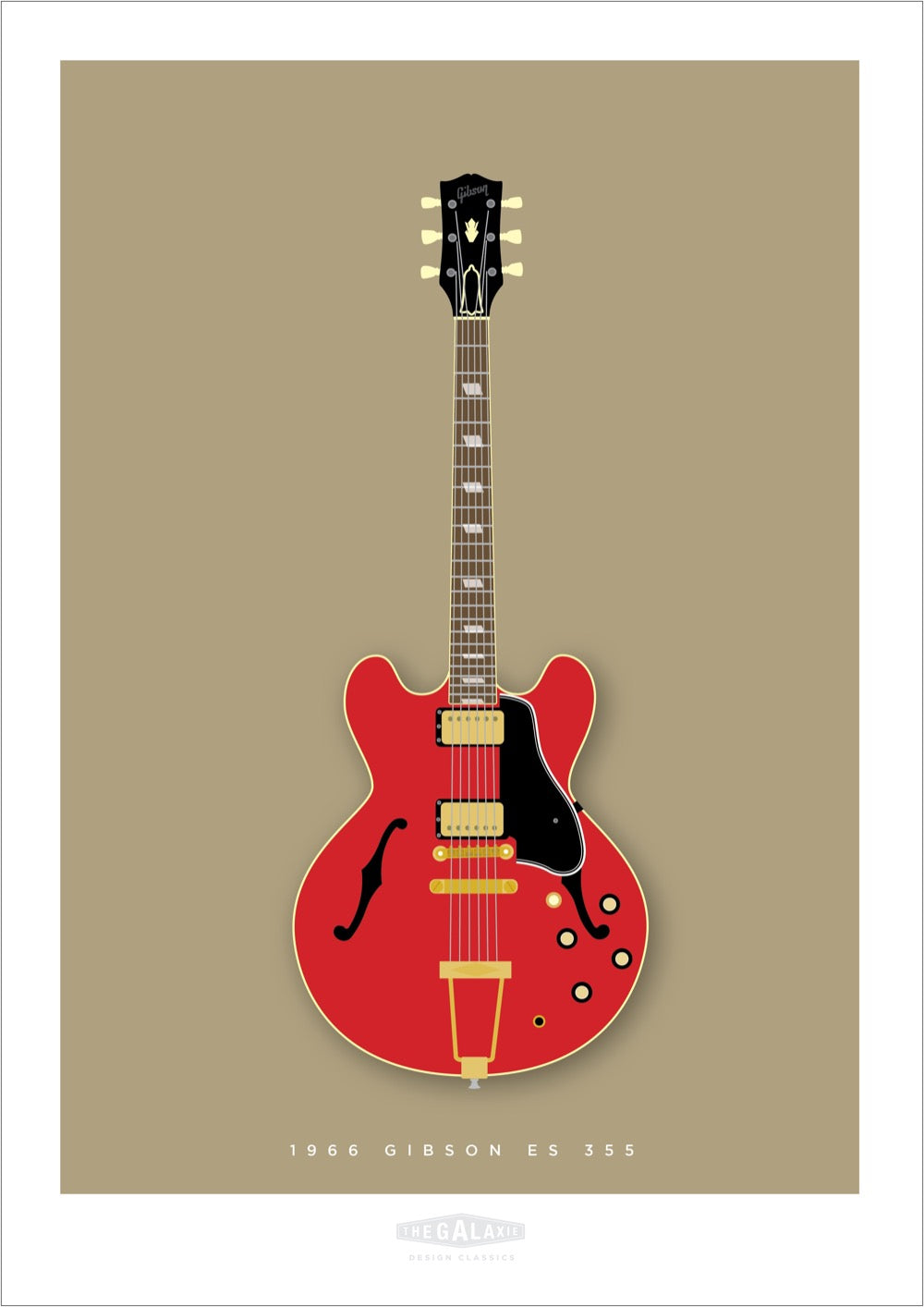 An original hand drawn poster of a cherry 1966 Gibson ES 355 on a tan background.