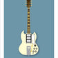 An original hand drawn poster of a cream 1961 Gibson LesPaul SG Custom on a blue background.