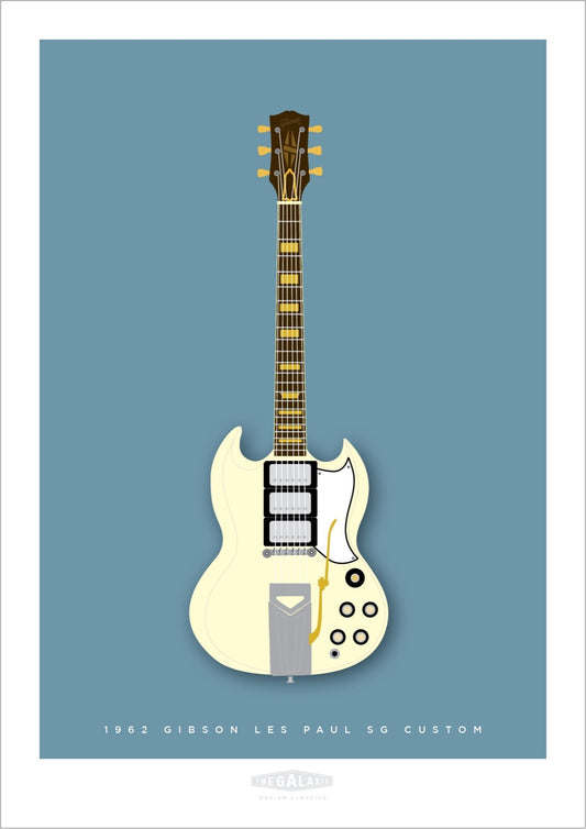 An original hand drawn poster of a cream 1961 Gibson LesPaul SG Custom on a blue background.