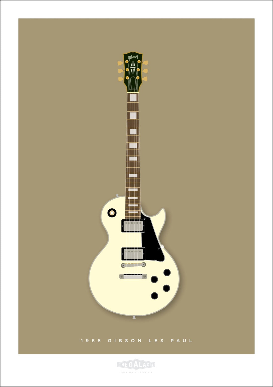 An original hand drawn poster of a cream 1968 Gibson Les Paul Custom on a tan background.