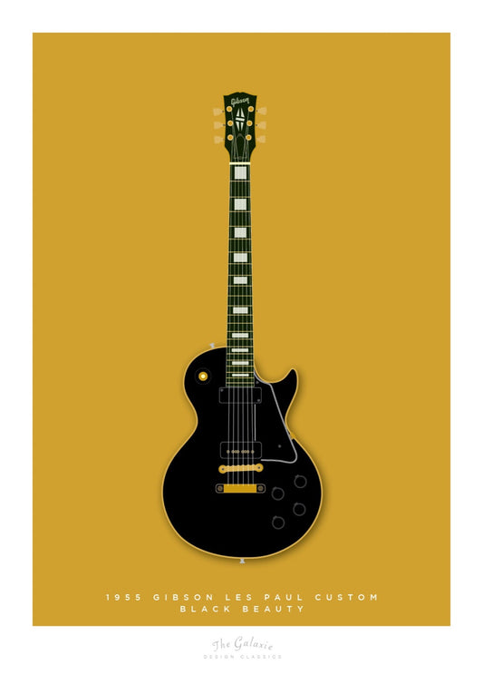 An original hand drawn poster of a black 1955 Gibson Les Paul Custom Black Beauty on a tan background.