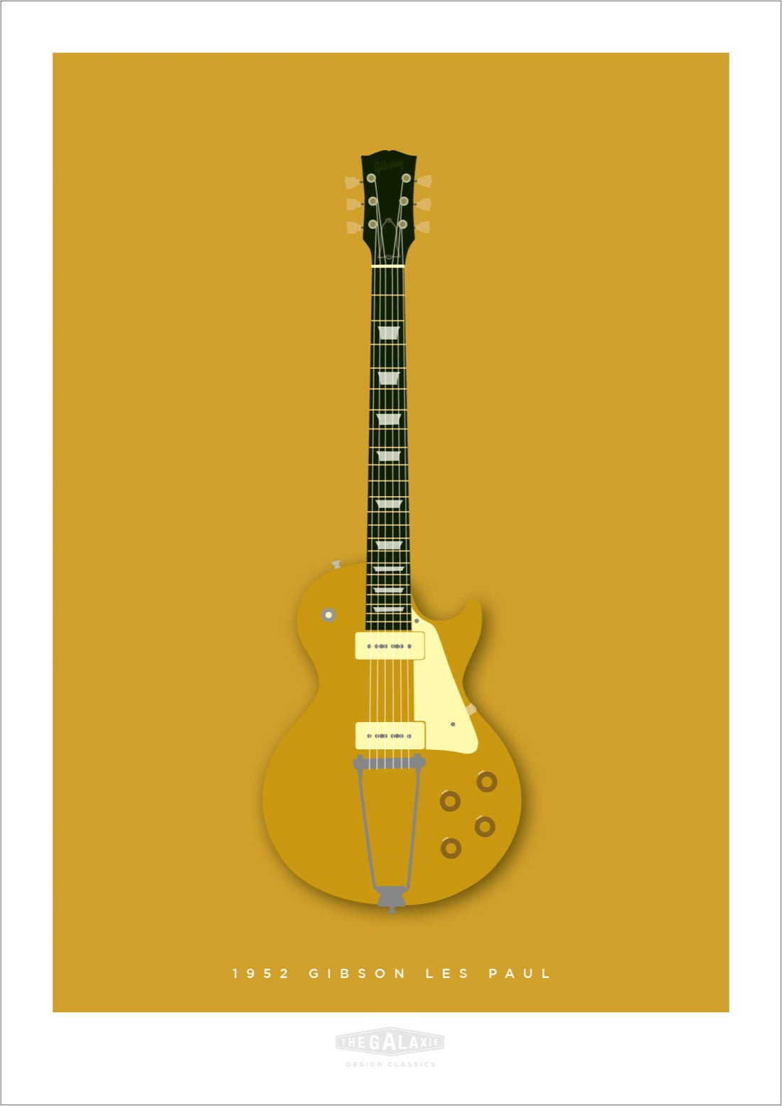 An original hand drawn poster of a black 1952 Gibson Les Paul Goldtop on a gold background.