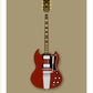 An original hand drawn poster of a red 1962 Gibson SG on a stone background.