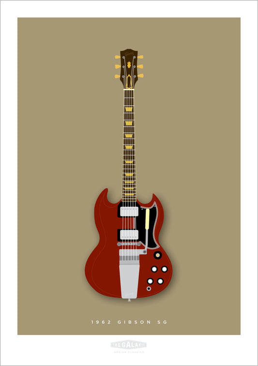 An original hand drawn poster of a red 1962 Gibson SG on a stone background.