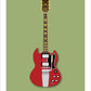An original hand drawn poster of a red 1965 Gibson SG on a green background.