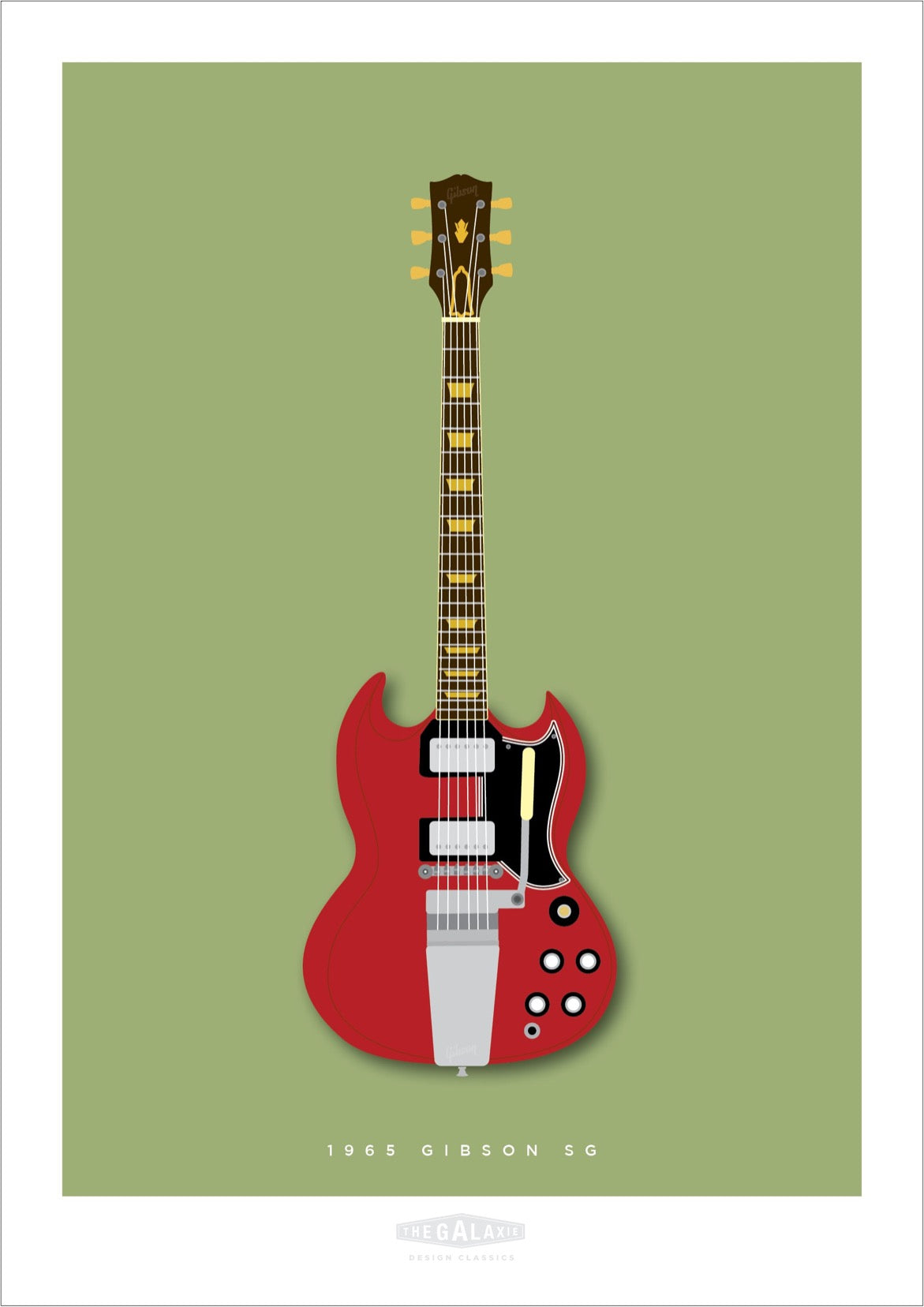 An original hand drawn poster of a red 1965 Gibson SG on a green background.