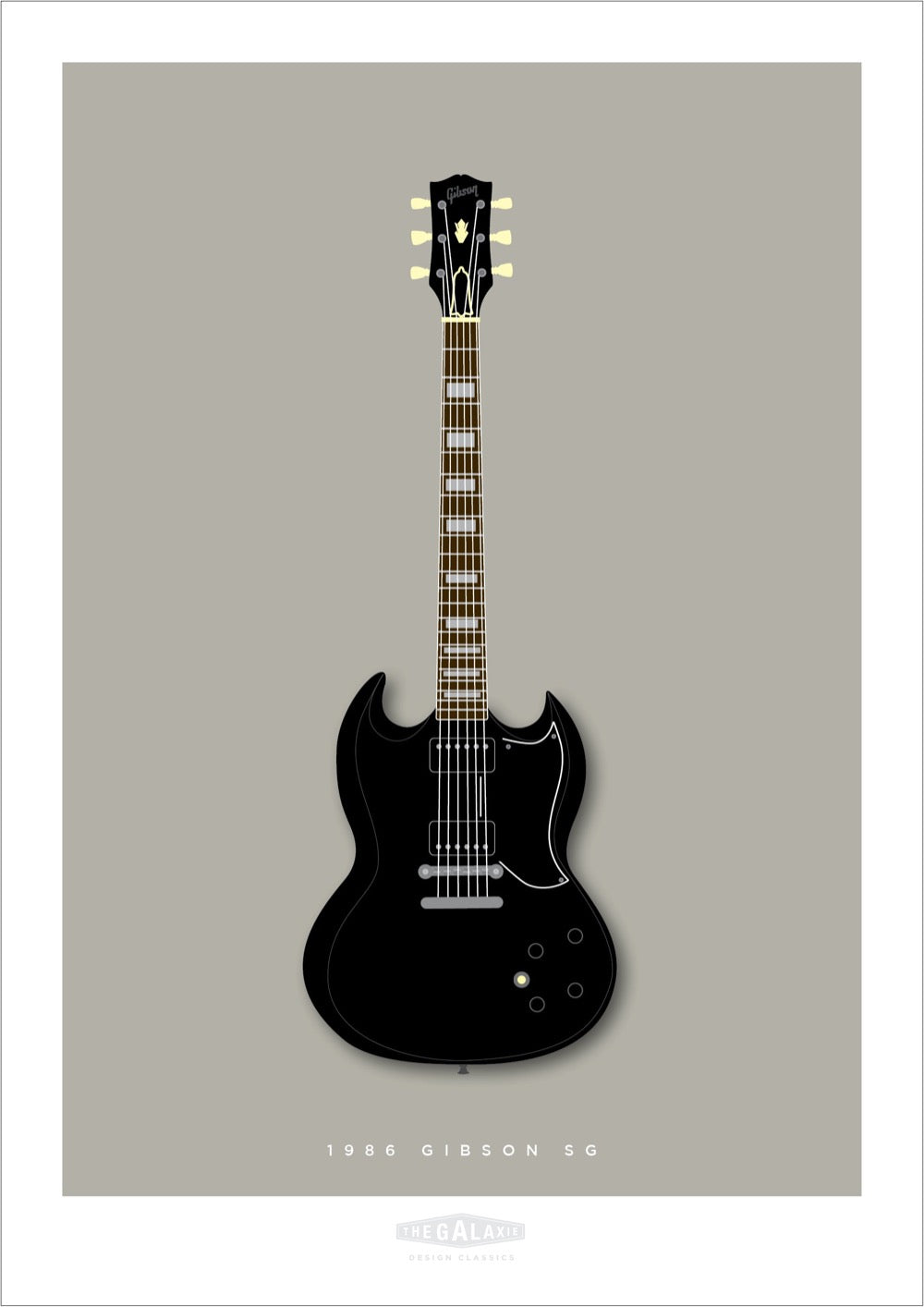 An original hand drawn poster of a sleek black 1986 Gibson SG on a light grey background.