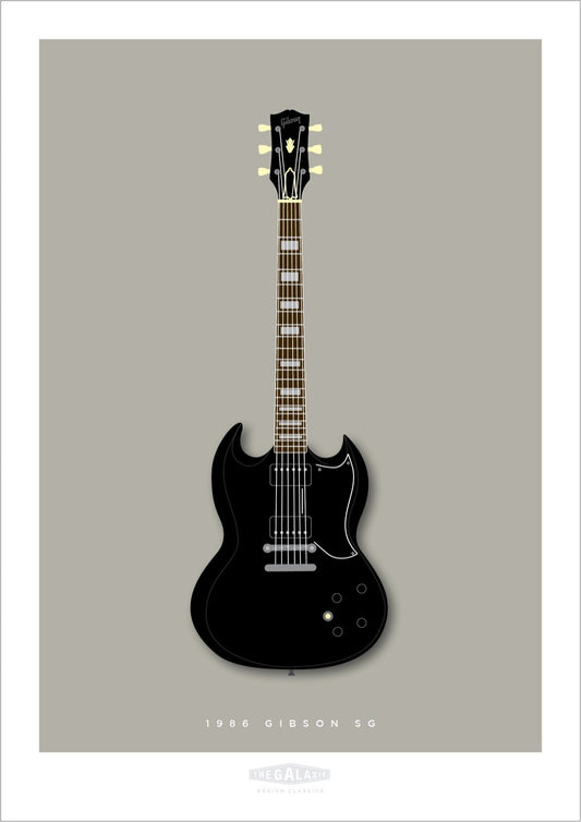 An original hand drawn poster of a sleek black 1986 Gibson SG on a light grey background.