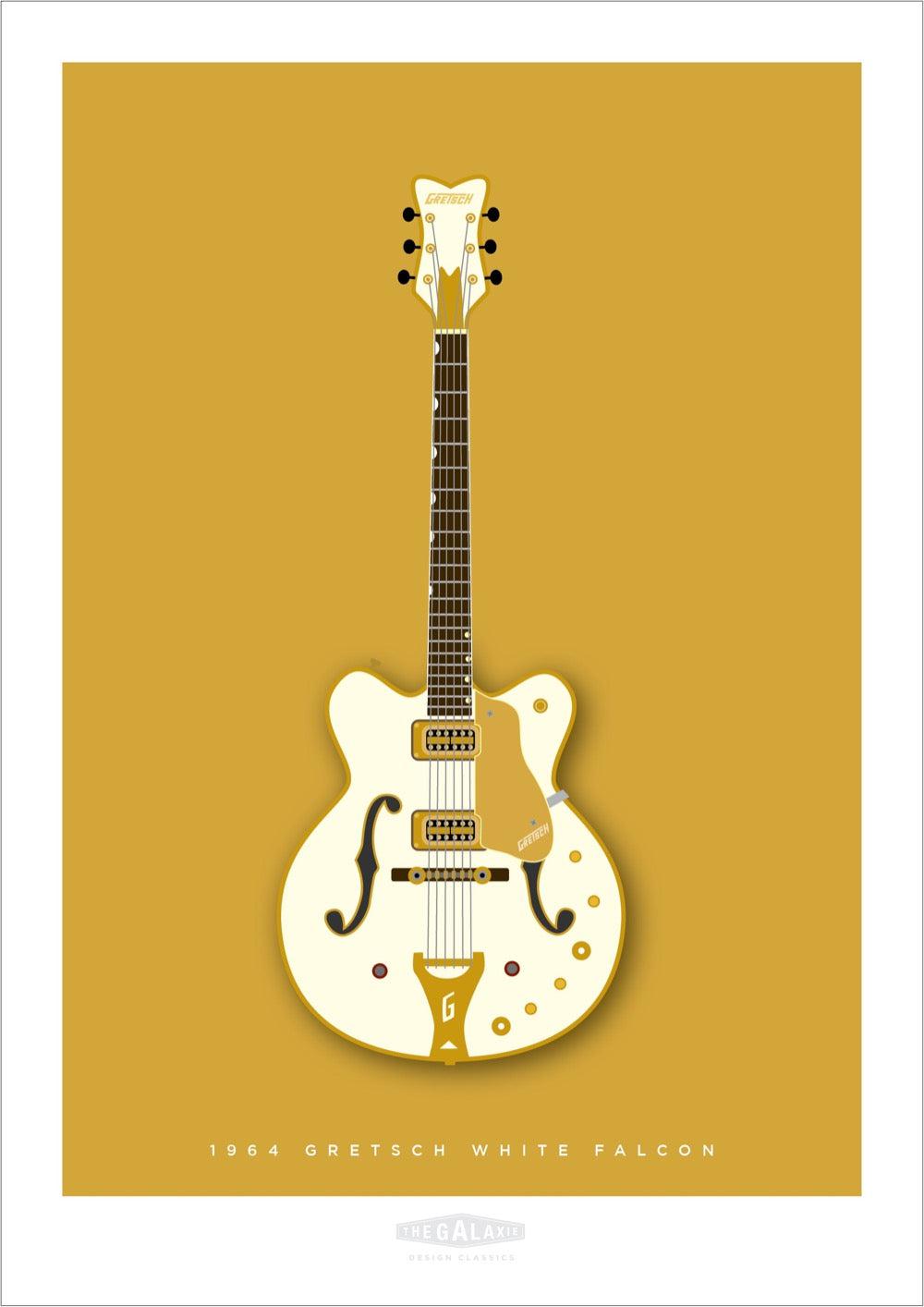 Hand drawn print of a white and gold 1964 Gretsch White Falcon on a gold background.
