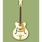 Hand drawn print of a white and gold 1964 Gretsch White Falcon on a green background.