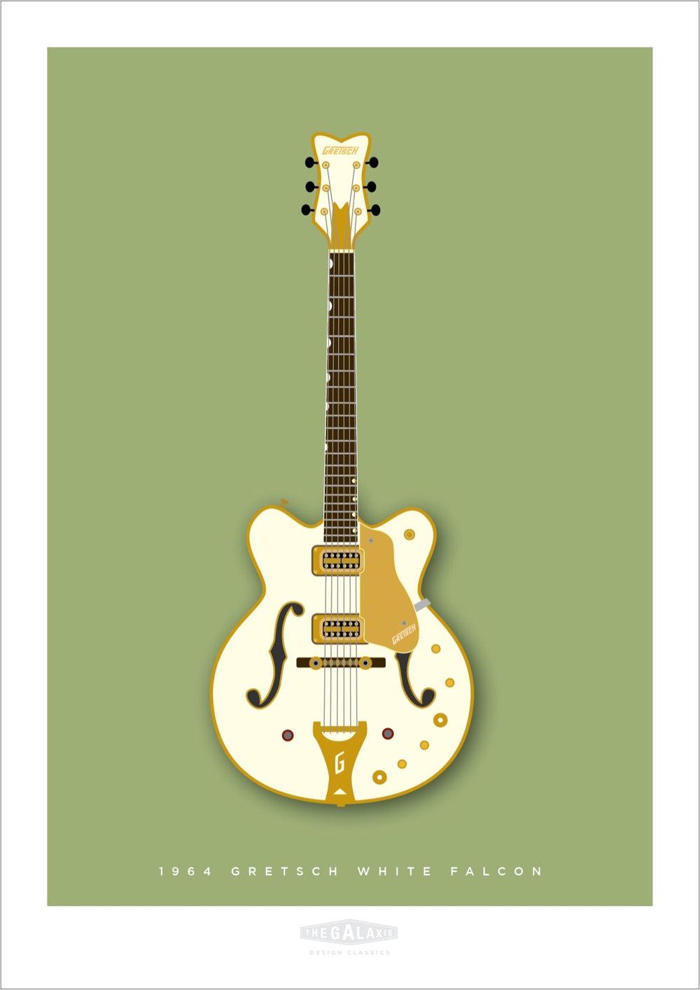 Hand drawn print of a white and gold 1964 Gretsch White Falcon on a green background.