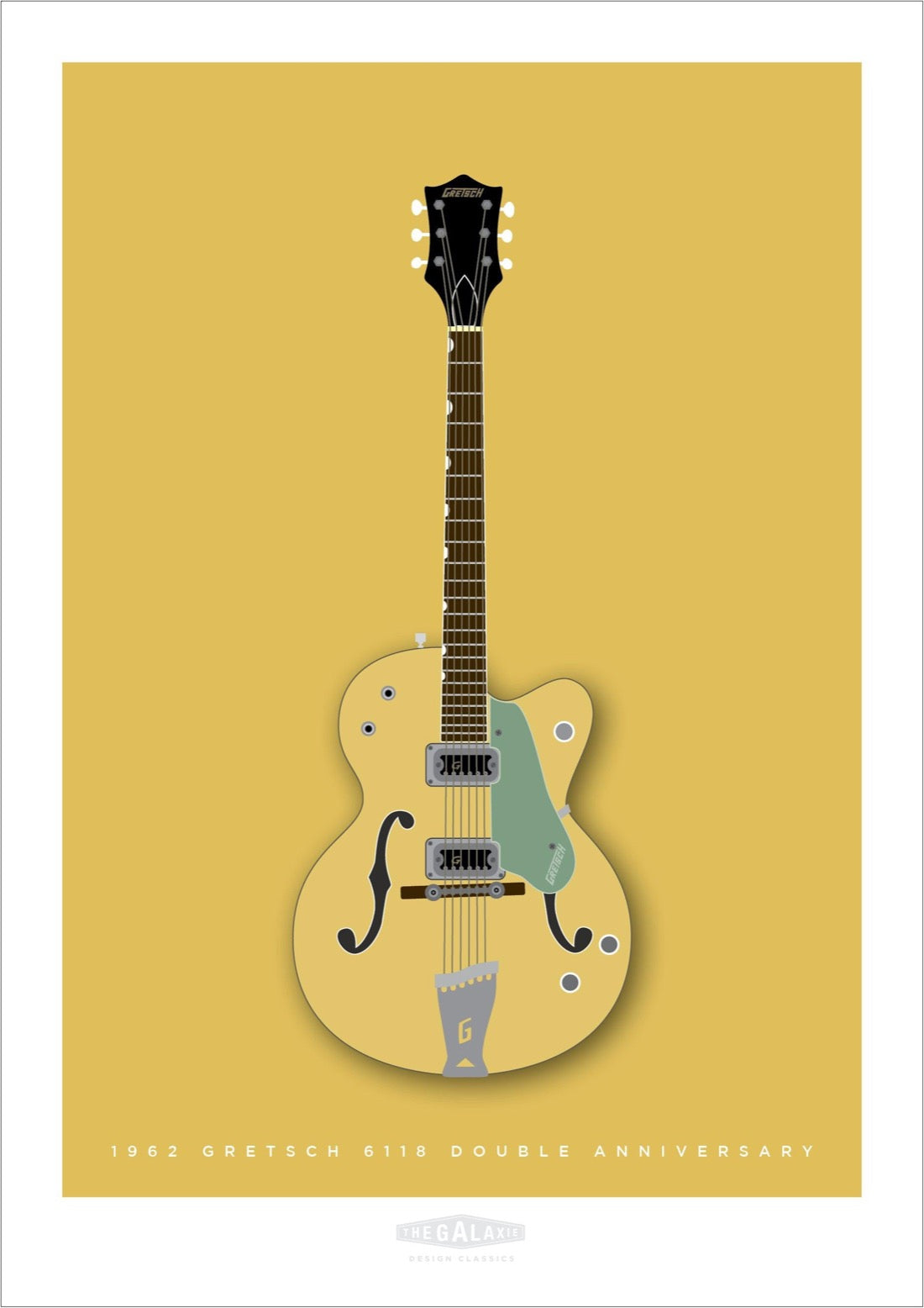 Hand drawn print of a butterscotch 1962 Gretsch 6118 Double Anniversary guitar on a gold background.