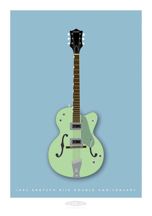 Hand drawn print of a green 1962 Gretsch 6118 Double Anniversary guitar on a blue background.