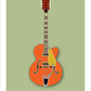 Hand drawn print of a classic orange 1957 Gretsch 6120 Chet Atkins guitar on a green background.
