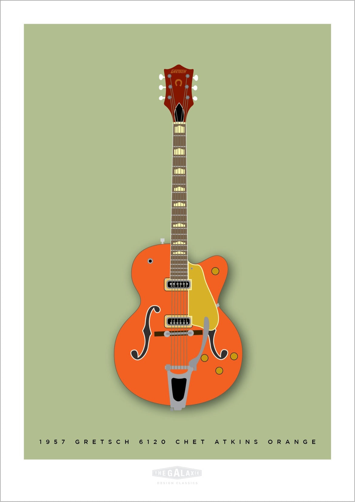 Hand drawn print of a classic orange 1957 Gretsch 6120 Chet Atkins guitar on a green background.
