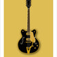 Hand drawn print of a classic black 1962 Gretsch Country Gentleman guitar on a gold background.