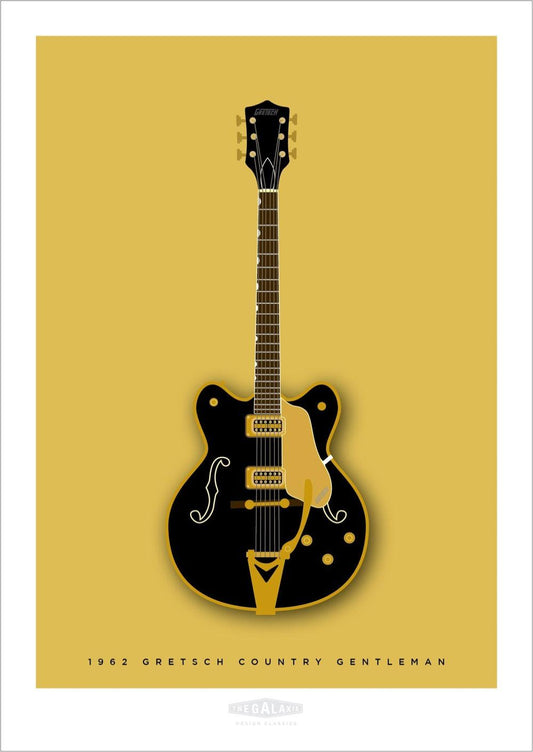 Hand drawn print of a classic black 1962 Gretsch Country Gentleman guitar on a gold background.