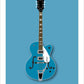 Hand drawn print of a classic blue 1957 Gretsch G2420T Streamliner guitar on a blue background.