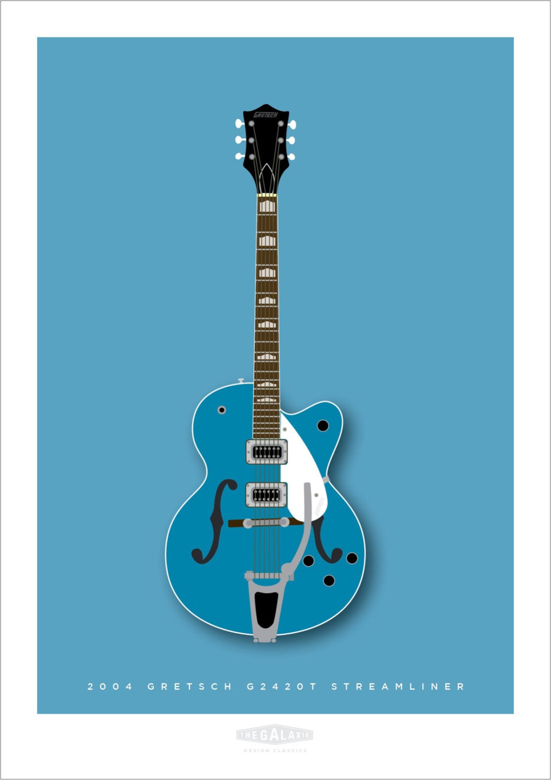 Hand drawn print of a classic blue 1957 Gretsch G2420T Streamliner guitar on a blue background.