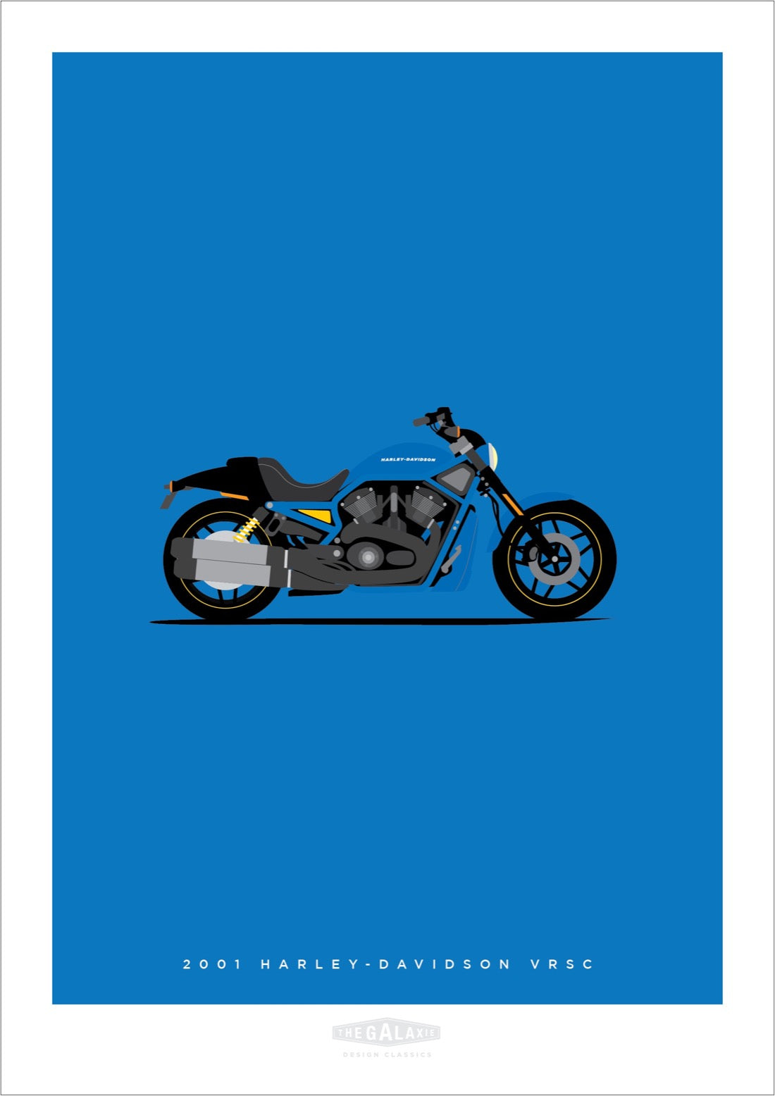 Hand drawn print of a blue 2001 Harley Davidson VRSC on a blue background.