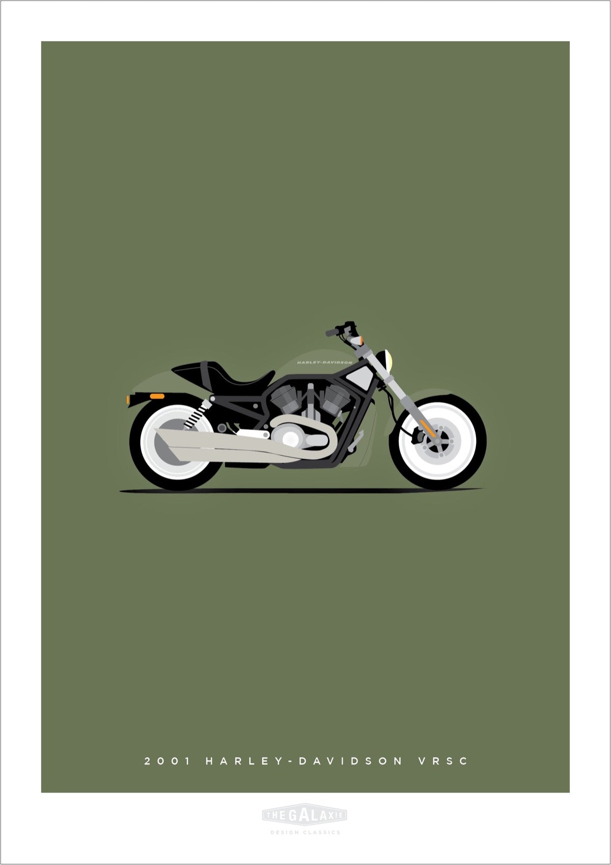 Hand drawn print of a green 2001 Harley Davidson VRSC on a green background.