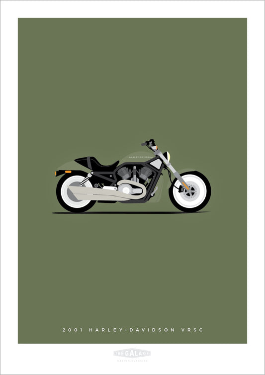 Hand drawn print of a green 2001 Harley Davidson VRSC on a green background.