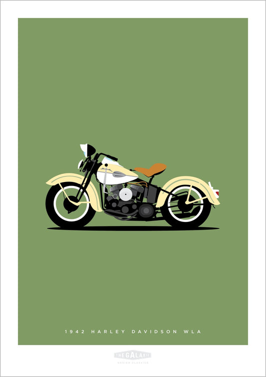 Hand drawn print of a classic cream 1942 Harley Davidson WLA on a green background.