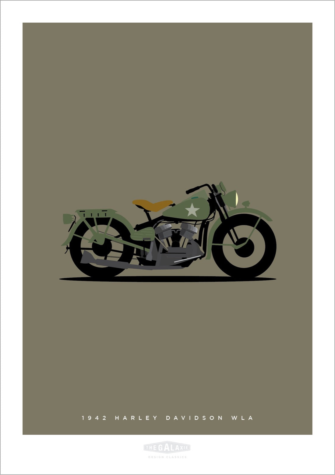 Hand drawn print of a classic khaki green 1942 Harley Davidson WLA on an olive background.