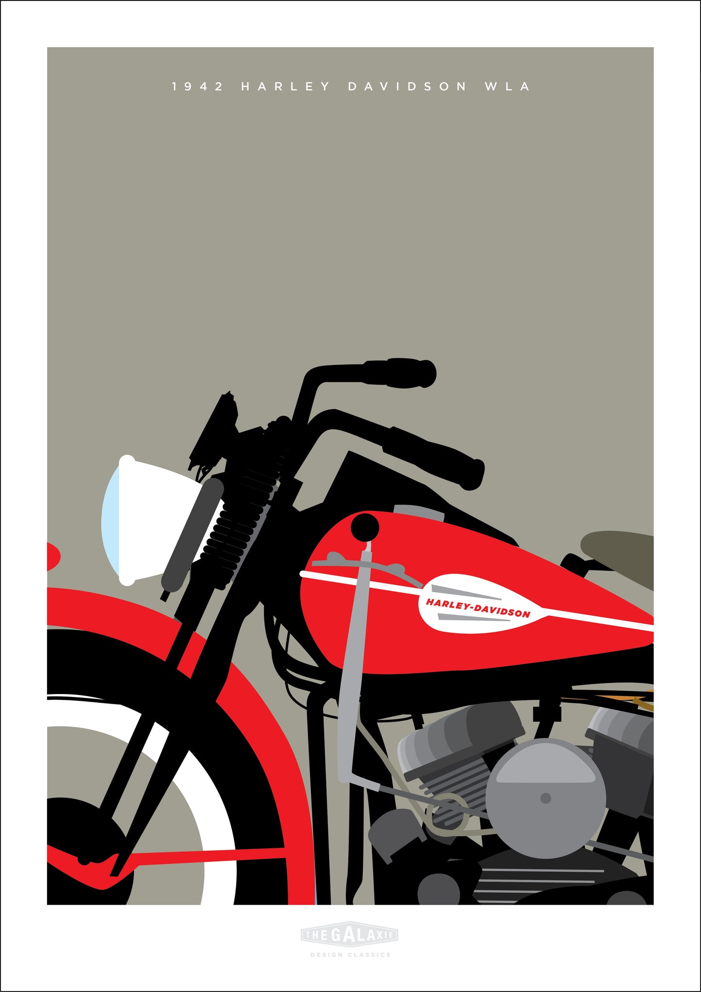 Hand drawn print of a classic red 1942 Harley Davidson WLA on a grey background.