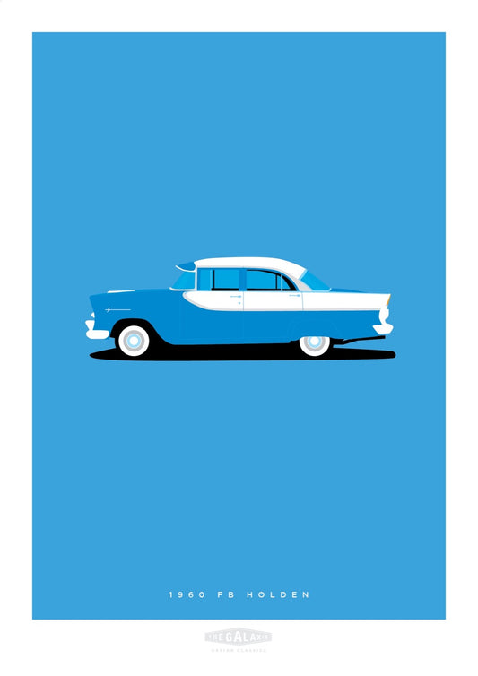 Hand drawn print of a blue  and white 1960 FB Holden on a blue background.