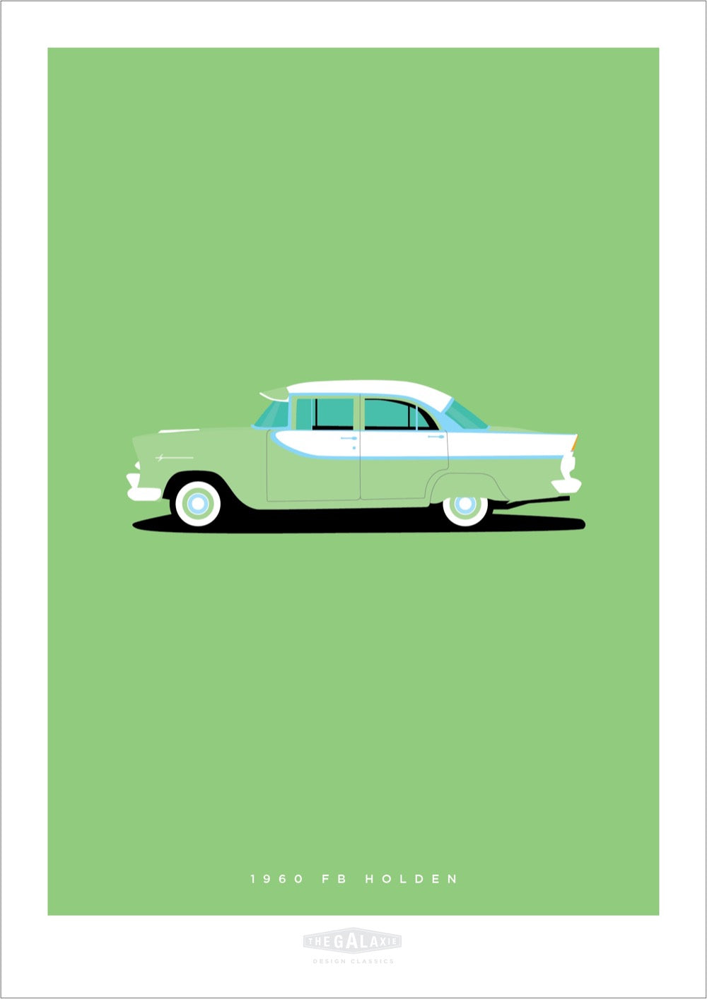 Hand drawn print of a green and white 1960 FB Holden on a green background.