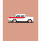 Hand drawn print of a red and white 1960 FB Holden on a coral pink background.