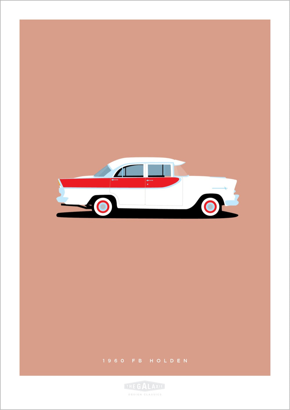 Hand drawn print of a red and white 1960 FB Holden on a coral pink background.