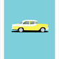 Hand drawn print of a yellow and white 1960 FB Holden on a blue background.