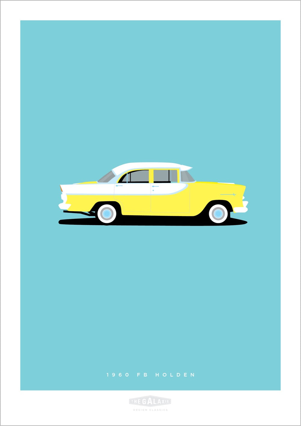 Hand drawn print of a yellow and white 1960 FB Holden on a blue background.