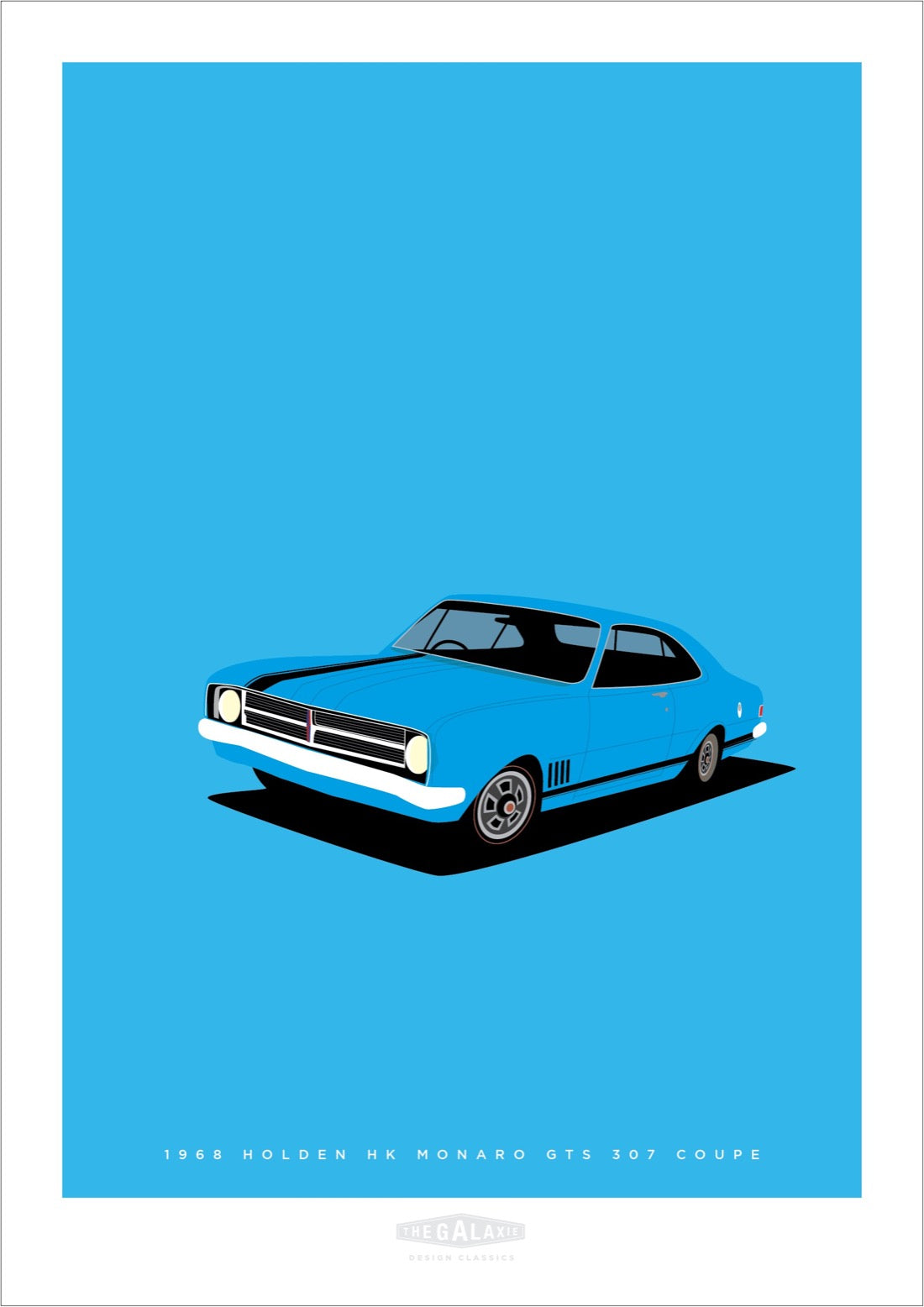 Hand drawn print of a blue 1968 Holden Monaro GTS 307 Coupe on a blue background.