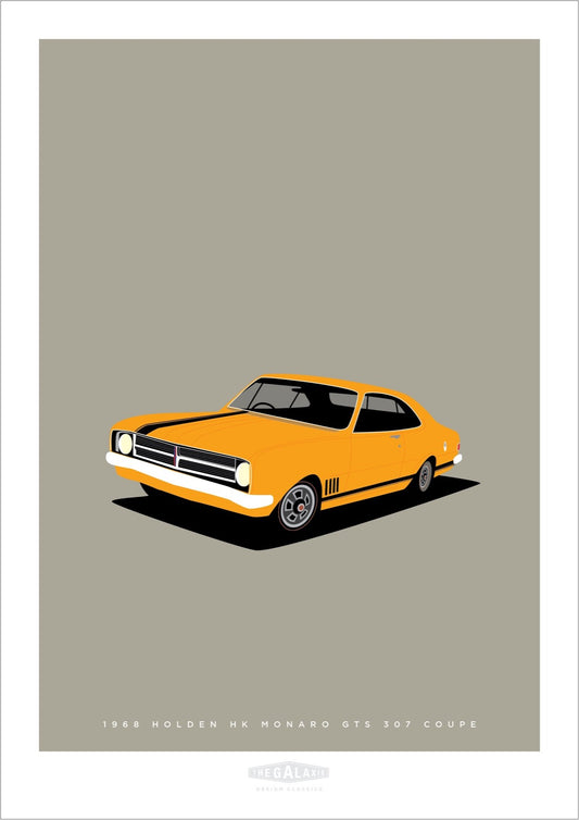 Hand drawn print of an orange 1968 Holden Monaro GTS 307 Coupe on a grey background.