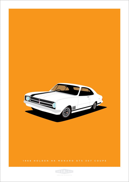 Hand drawn print showing a closeup of a white 1968 Holden Monaro GTS 307 Coupe on an orang background.