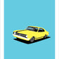 Hand drawn print showing a closeup of a yellow 1968 Holden Monaro GTS 307 Coupe on a blue background.