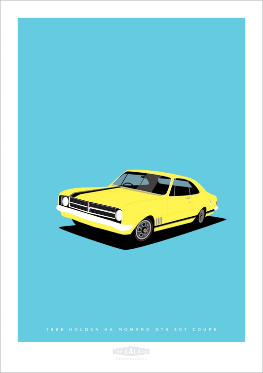 Hand drawn print showing a closeup of a yellow 1968 Holden Monaro GTS 307 Coupe on a blue background.