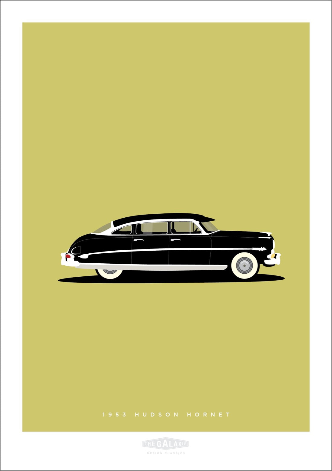 Hand drawn print showing a black 1953 Hudson Hornet on a green background.