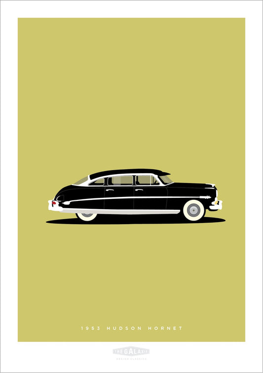 Hand drawn print showing a black 1953 Hudson Hornet on a green background.