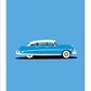 Hand drawn print showing a blue 1953 Hudson Hornet on a blue background.