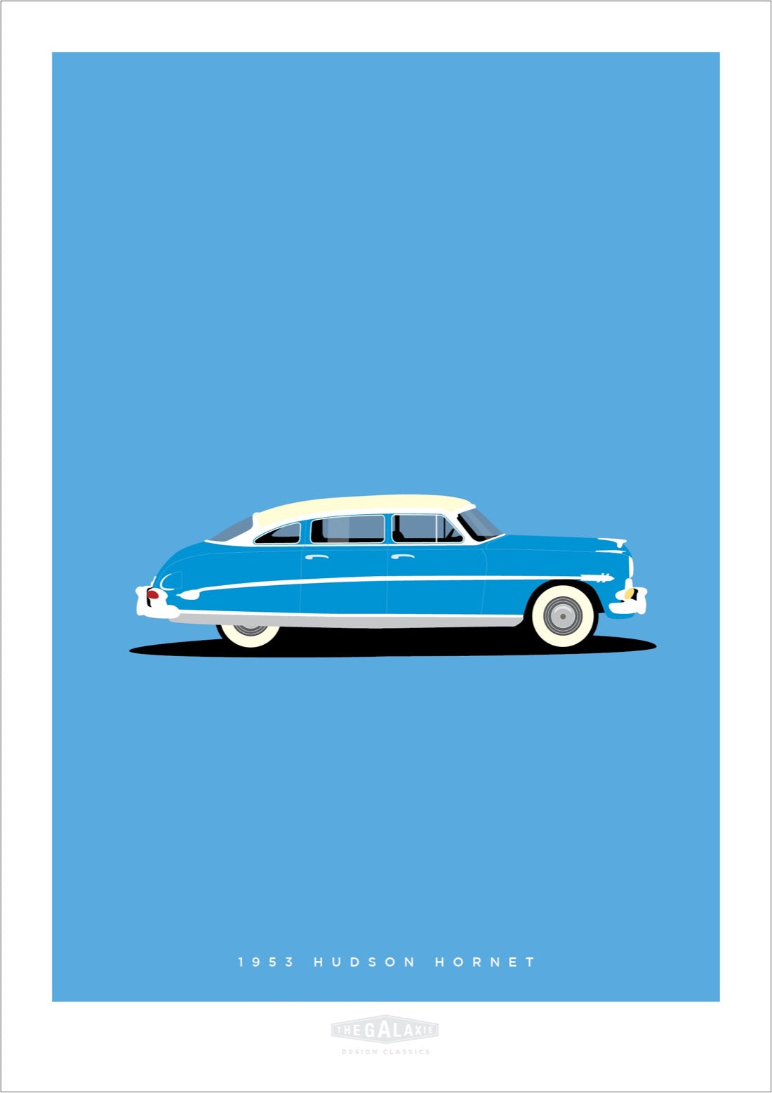 Hand drawn print showing a blue 1953 Hudson Hornet on a blue background.