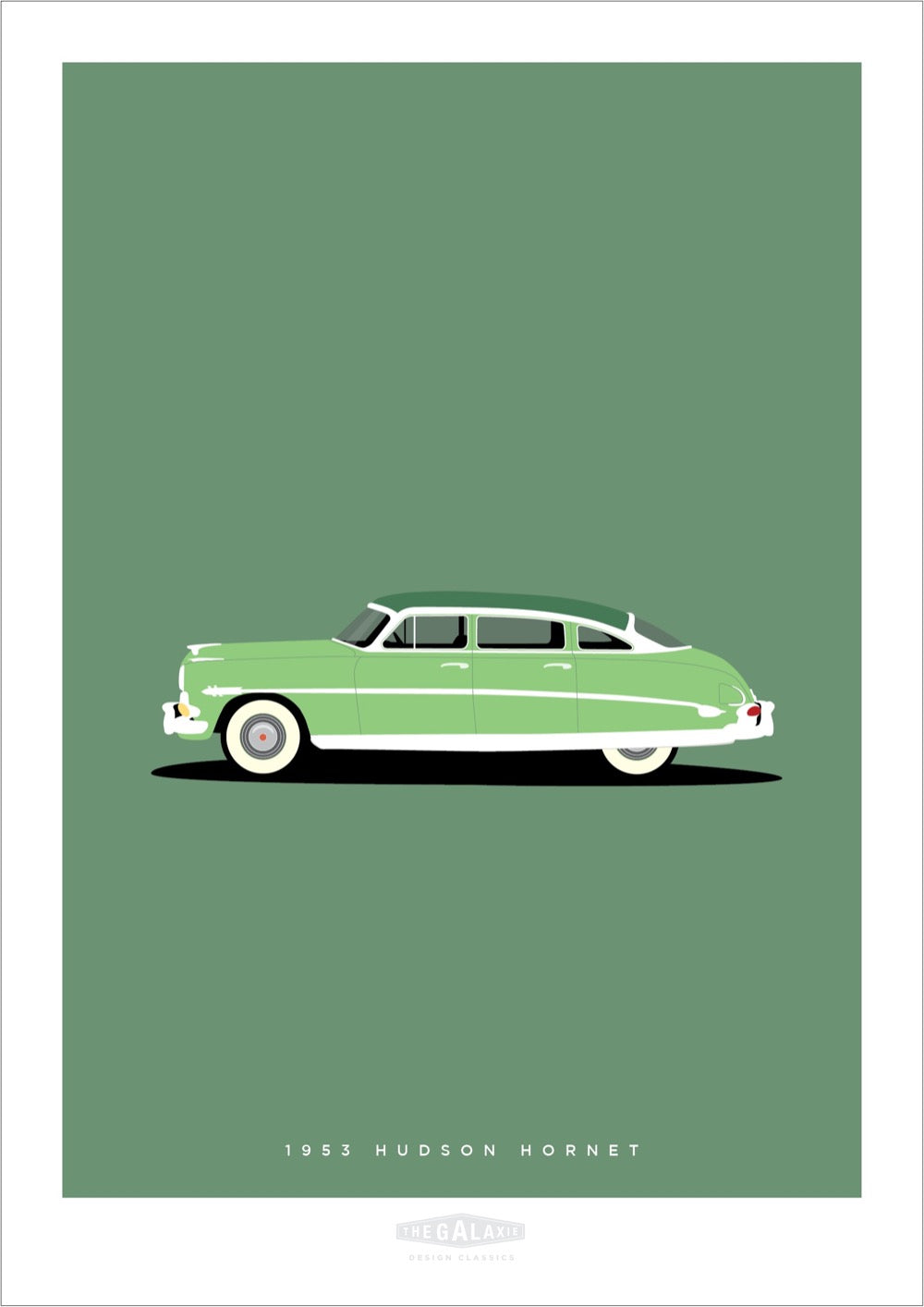 Hand drawn print showing a green 1953 Hudson Hornet on a green background.