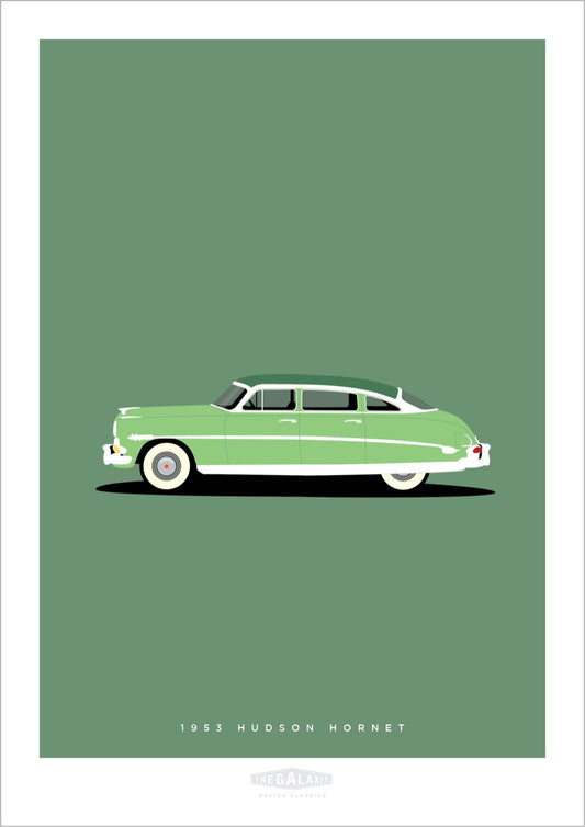 Hand drawn print showing a green 1953 Hudson Hornet on a green background.